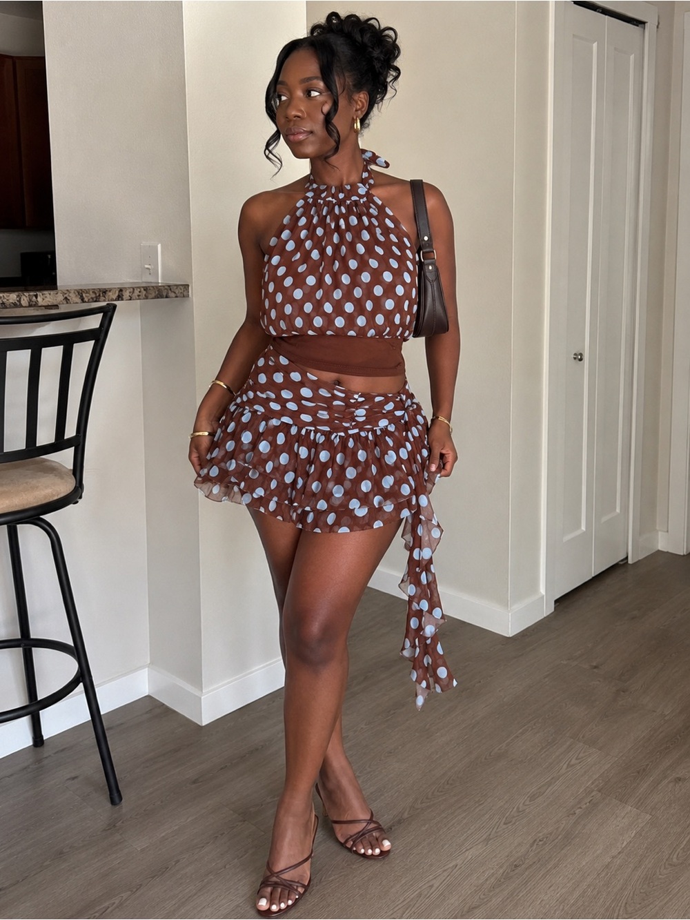 Polka Dot Brown Mini Skirt - Women's Ruffled Skirt